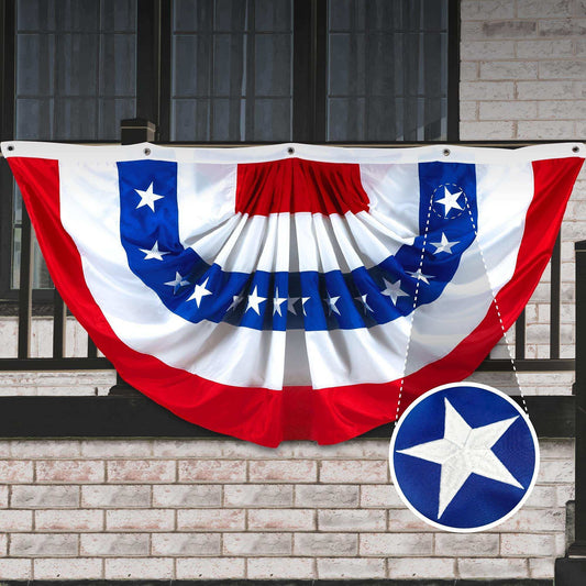 USA Pleated Fan Flag 5x10 Feet American USA Bunting Decoration Flags Embroidered Patriotic Stars & Sewn Stripes Canvas Header Brass Grommets - Skoutley Outdoors LLC