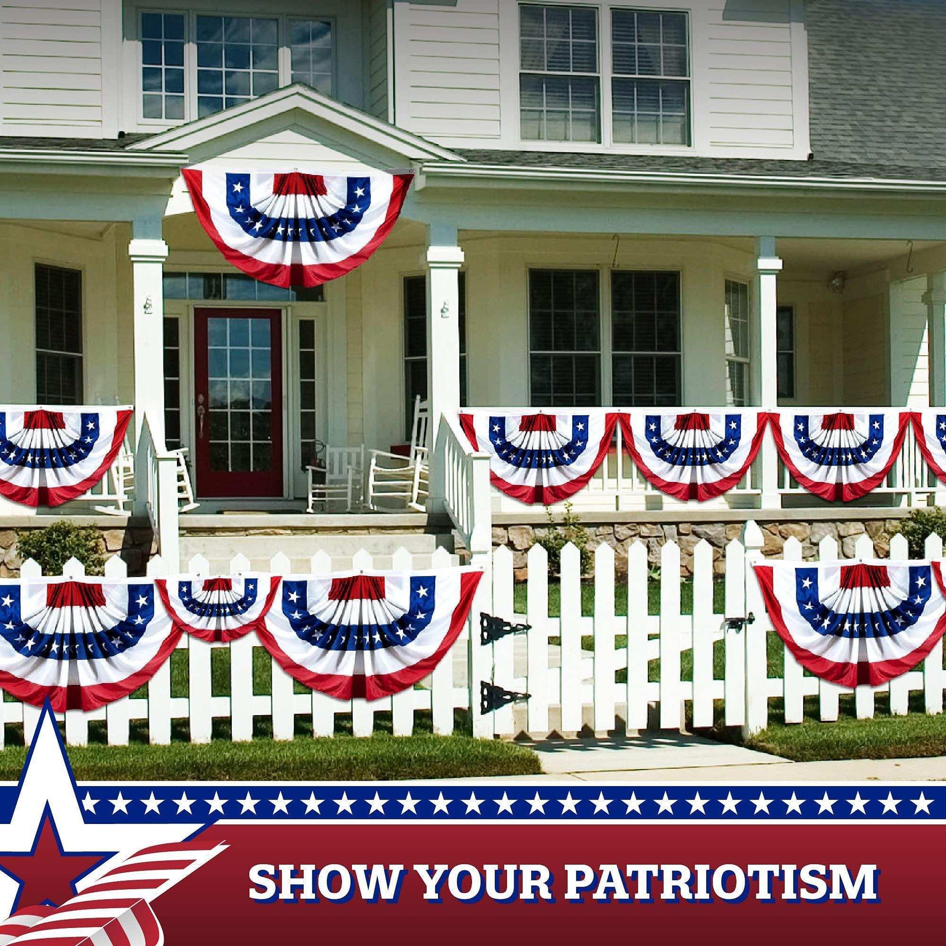USA Pleated Fan Flag 5x10 Feet American USA Bunting Decoration Flags Embroidered Patriotic Stars & Sewn Stripes Canvas Header Brass Grommets - Skoutley Outdoors LLC