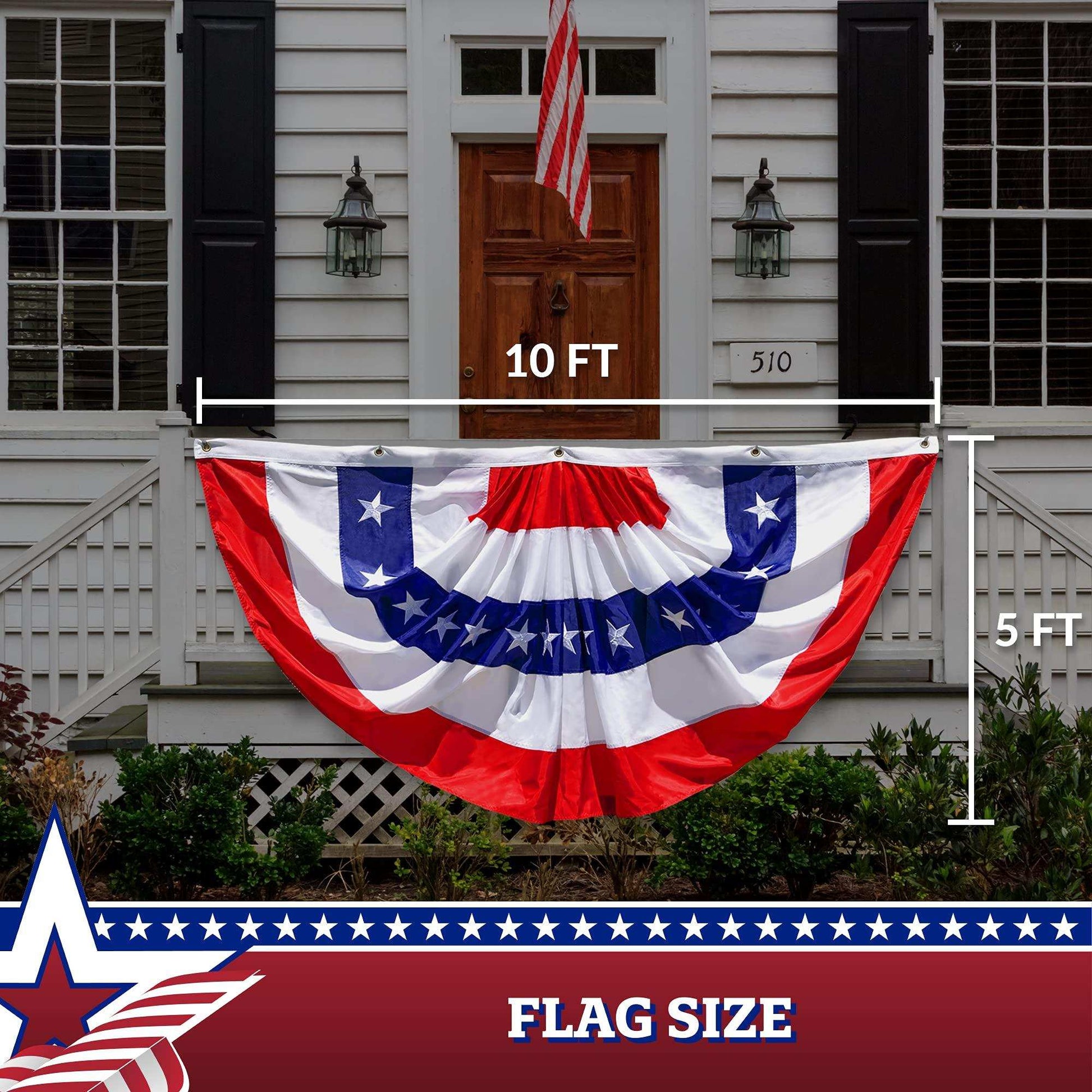 USA Pleated Fan Flag 5x10 Feet American USA Bunting Decoration Flags Embroidered Patriotic Stars & Sewn Stripes Canvas Header Brass Grommets - Skoutley Outdoors LLC
