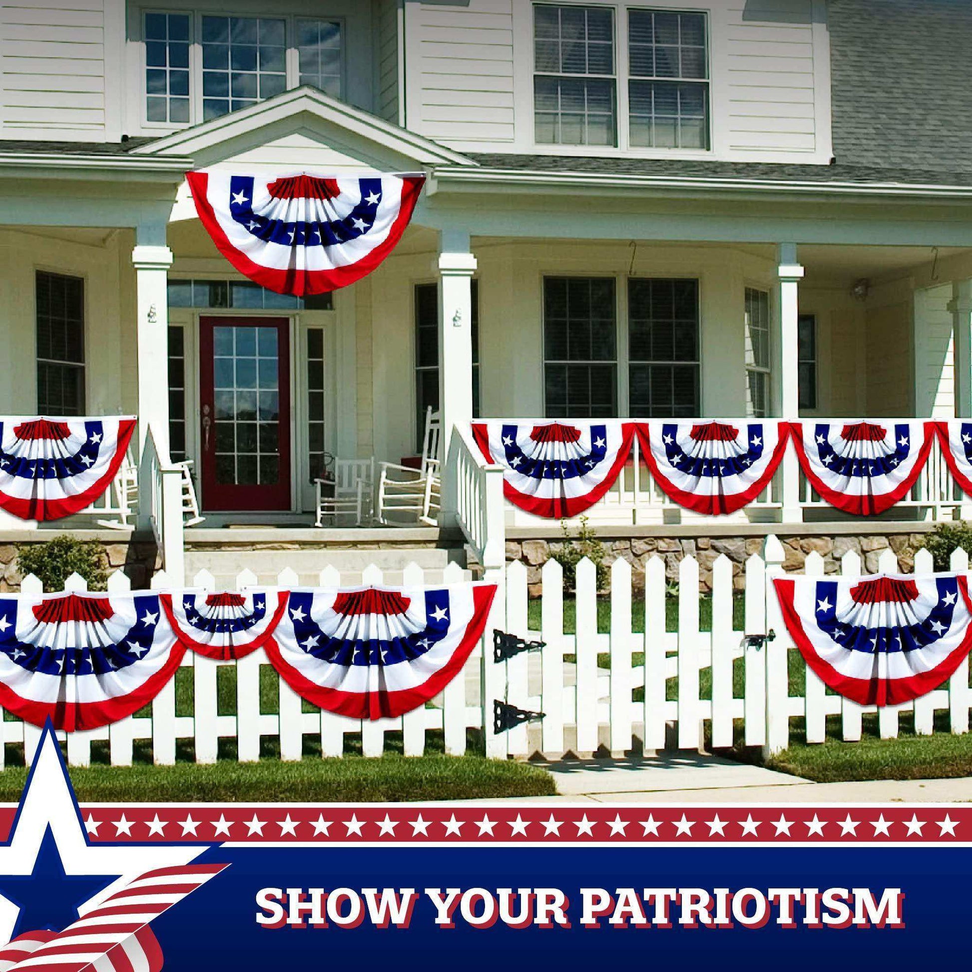 – 2 Pack: USA Pleated Fan Flag 1.5x3 Feet American USA Bunting Decoration Flags PRINTED 150D Patriotic Stars and Stripes with Canvas Header and Brass Grommets - Skoutley Outdoors LLC
