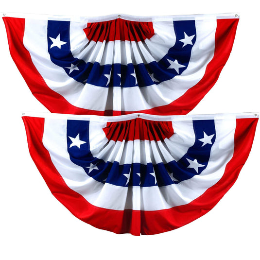 2 Pack: American USA Pleated Fan Flag 1.5x3 Feet DELUXE Bunting Decoration Flags PRINTED 150D Patriotic Stars and Stripes with Canvas Header and Brass Grommets - Skoutley Outdoors LLC