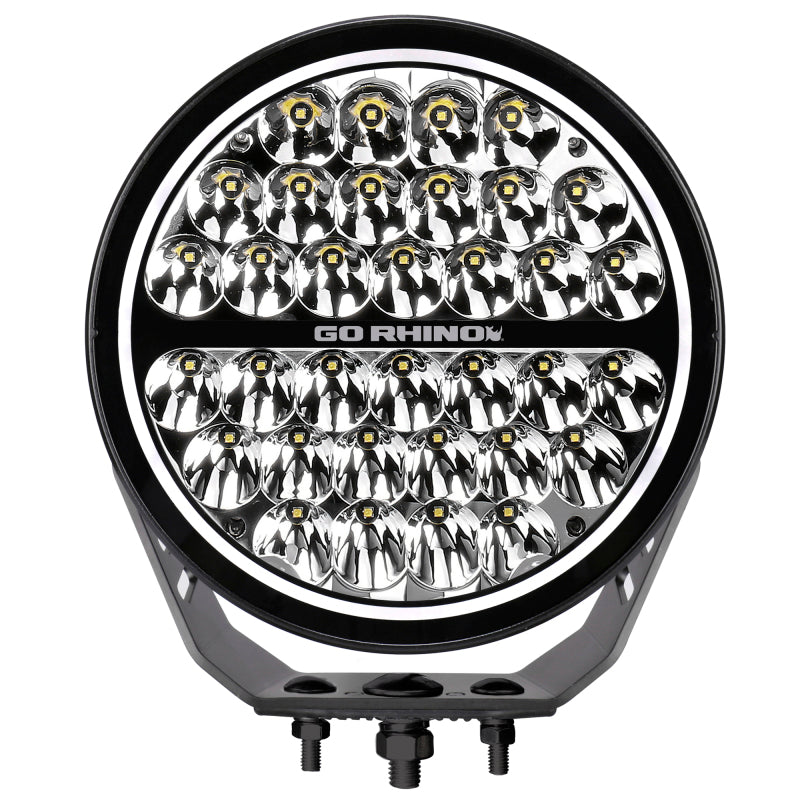 Load image into Gallery viewer, Go Rhino Xplor Blackout Series Round Single LED Spot Light Kit w/DRL (Surface Mount) 9in. - Blk
