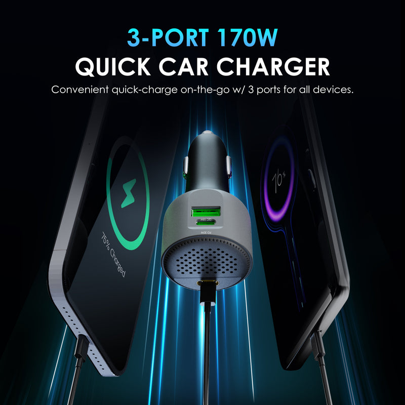 Load image into Gallery viewer, Rexing 170W 3-Port Power Adapter USB C Car Charger with 140W USB-C PD, 30W USB-C, 18W USB-A Quick Charge with Cables Included
