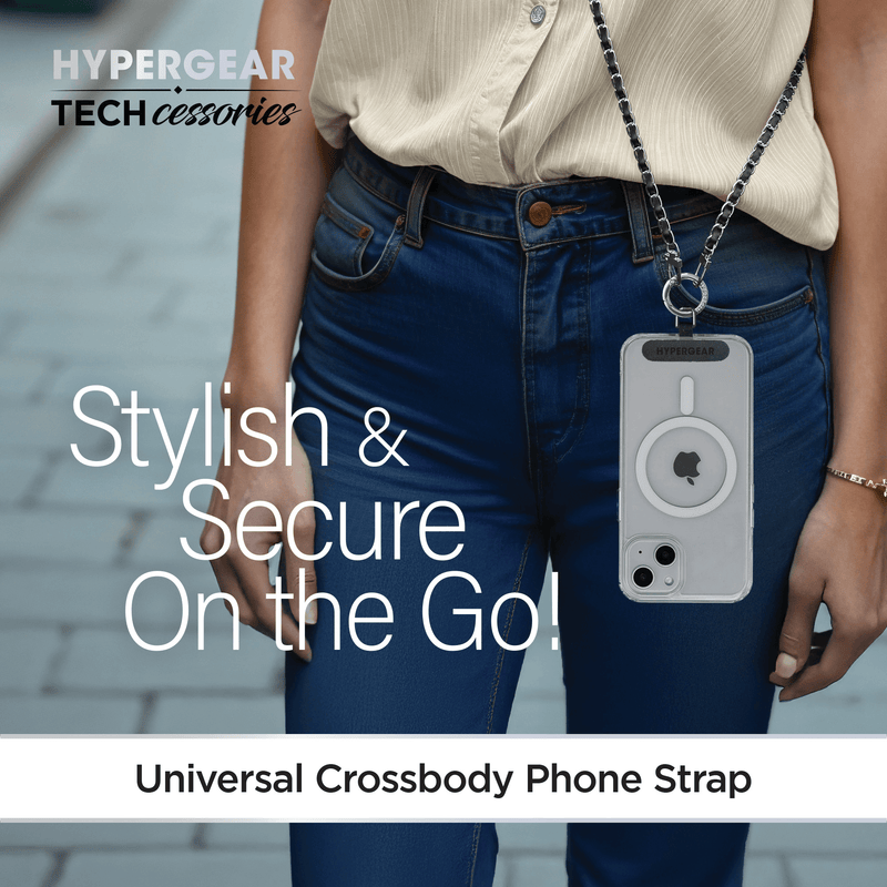 Load image into Gallery viewer, HyperGear TECHcessories Silver Chain with Black Vegan Leather Universal Crossbody Phone Strap
