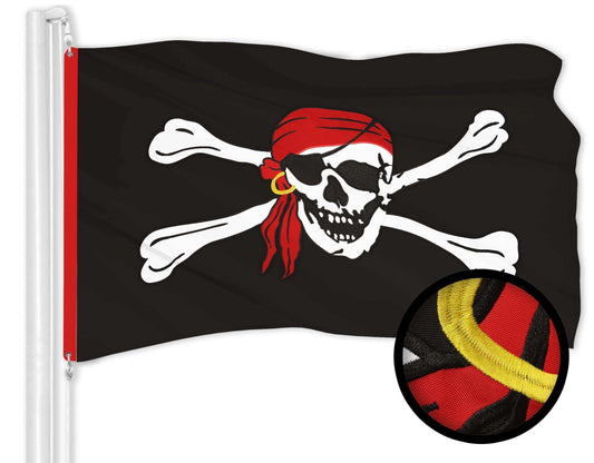 Pirate Jolly Roger Red Head Scarf Flag | 2x3 Ft | ToughWeave Series Embroidered 300D Polyester | Novelty Flag Embroidered Design Indoor Outdoor Brass Grommets - Skoutley Outdoors LLC