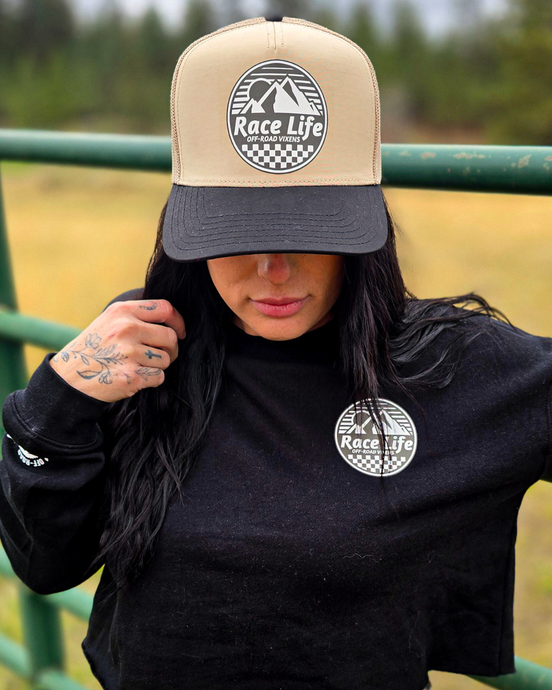 Load image into Gallery viewer, Race Life Trucker Hat - Khaki/Black
