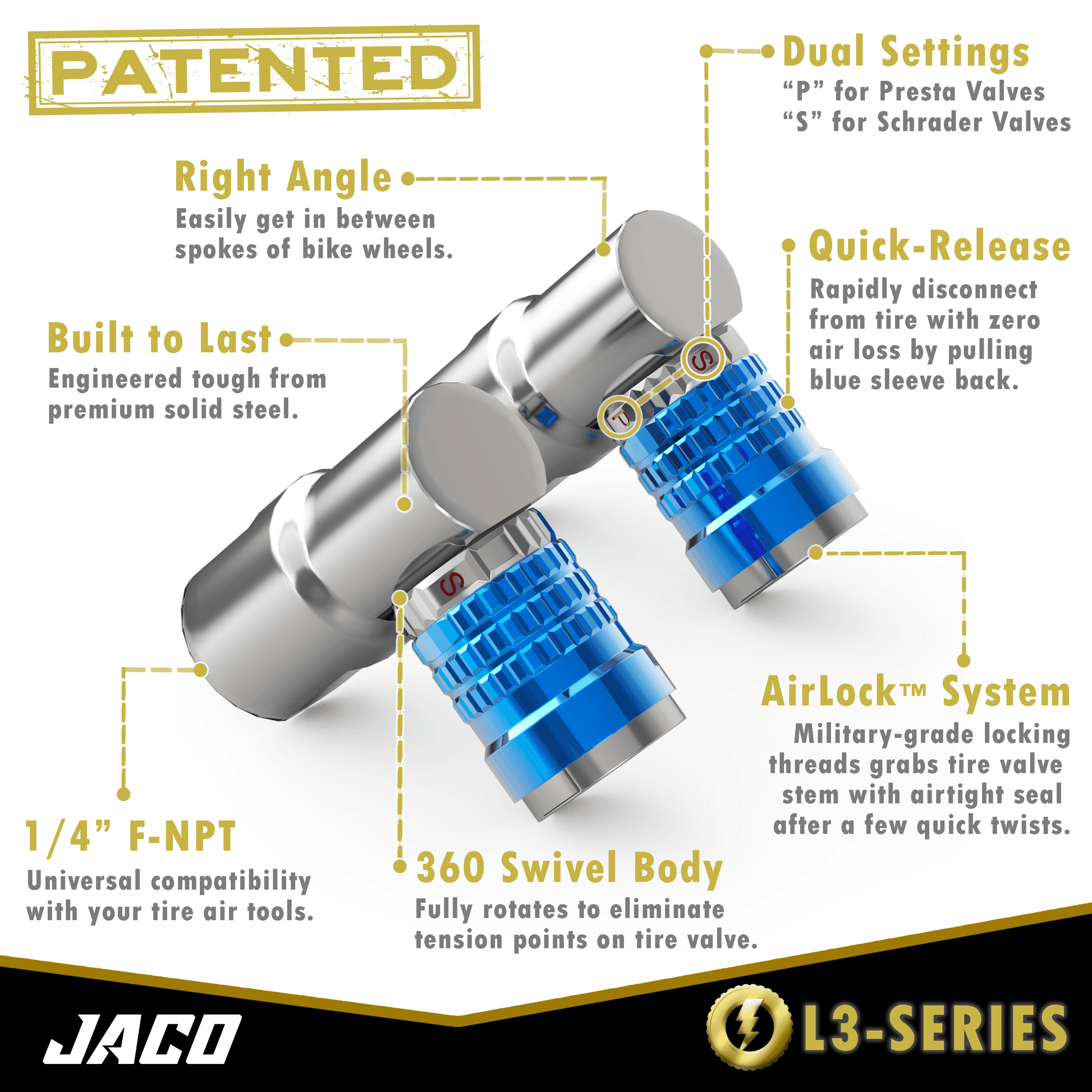 Lightning™ L3-Series Bike Tire Air Chuck - 1/4" F-NPT (Presta + Schrader Valves) | Open Flow (2 Pack) - Skoutley Outdoors LLC