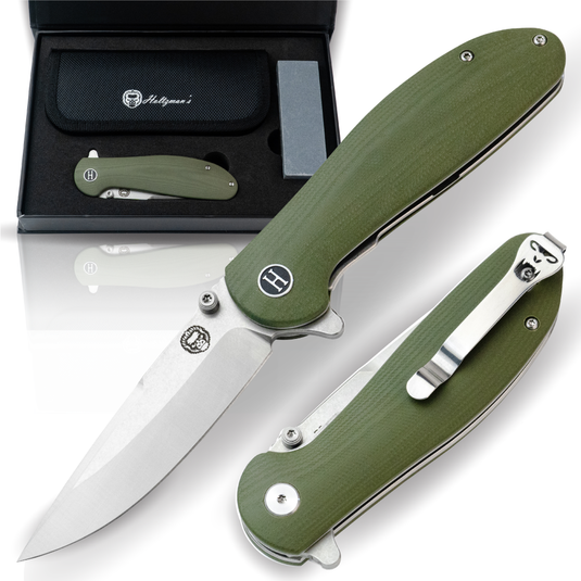 The Clip Point, Straight Back, Pioneer Folding Pocket Knife Giftset Combo (Silver and Green)