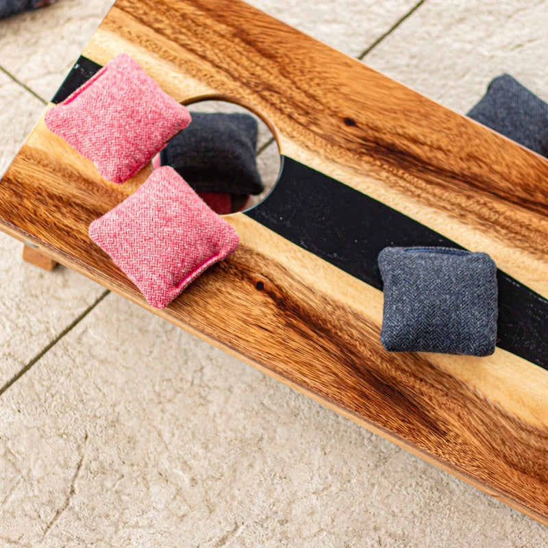 Load image into Gallery viewer, 1ft x 2ft Resin &amp; Wood Travel Cornhole Set | Live Edge River Collection
