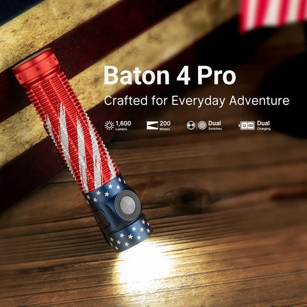 Load image into Gallery viewer, Olight Baton 4 Pro Rechargeable EDC Flashlight – 1600 Lumens – Black &amp; Stars &amp; Stripes
