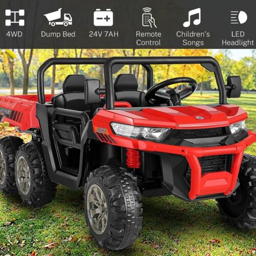 2-Seater 300W 4WD 6x6 Ride On UTV Truck with Dump Bed and LED Lights + Remote Control for Kids (24V)