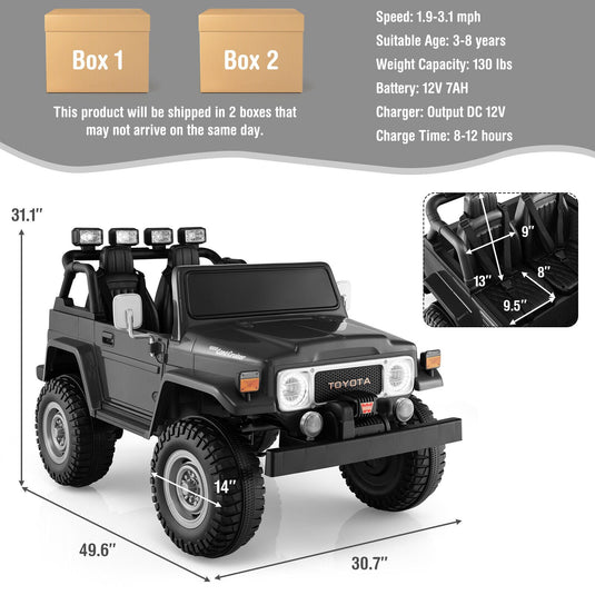 2-Seater Black Battery Powered Ride-On Car with 3-Point Seat Belts and Doors - 12V