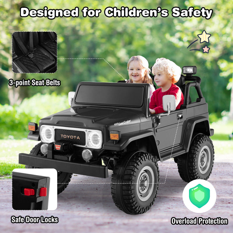 Load image into Gallery viewer, 2-Seater Black Battery Powered Ride-On Car with 3-Point Seat Belts and Doors - 12V
