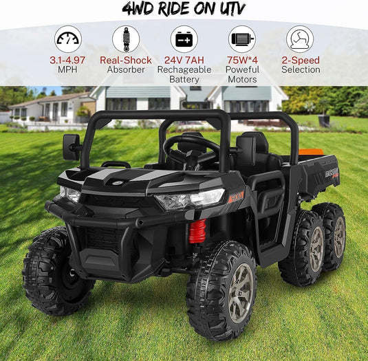 2-Seater Electric Ride-On Car with Dump Bed Truck and 6 Wheels - 24V Battery Powered Toy for Kids