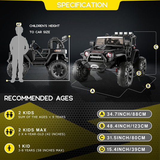 2 Seater Kids Ride On Truck Car with Remote Control, 3 Speeds, and Powerful 24V 9AH Battery