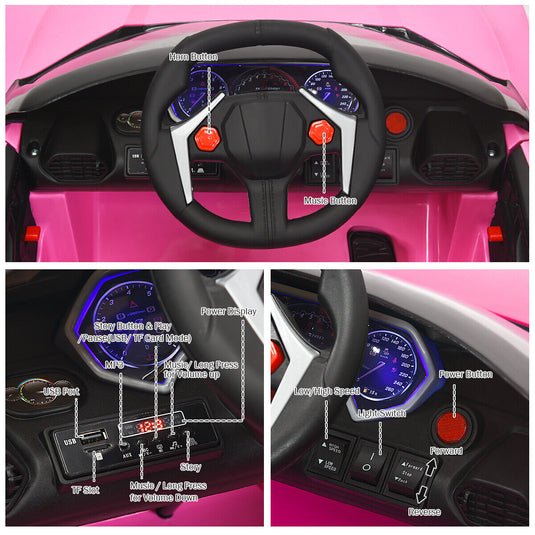 Electric Pink Ride-On Car for Kids with Remote Control, Lights, Music, and Openable Doors