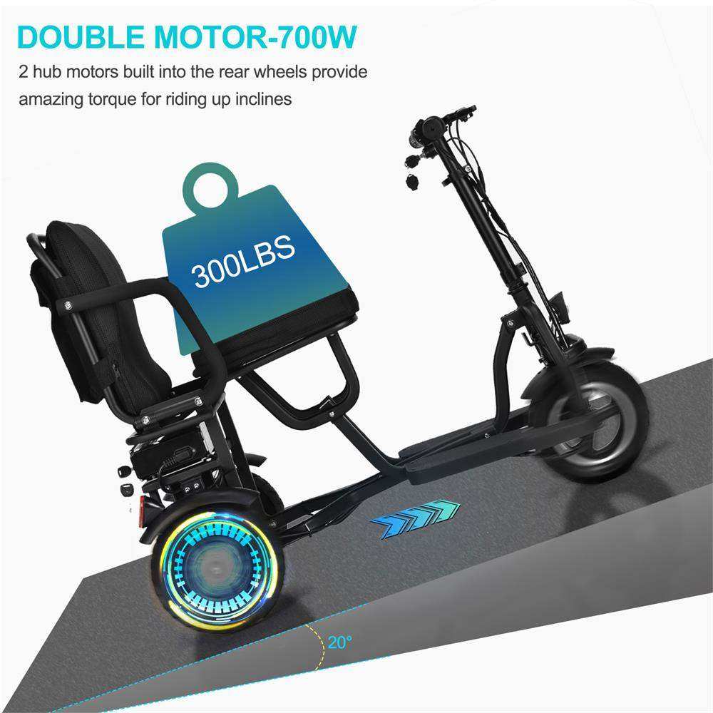 Folding Mobility Electric Trike 48v 700w Dual Motor Lithium Black - Skoutley Outdoors LLC