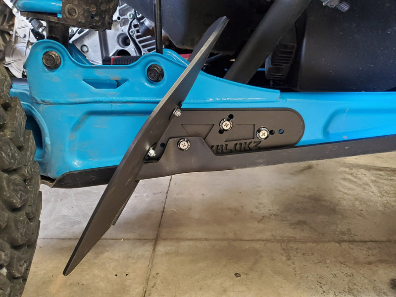 Load image into Gallery viewer, 64" CanAm Maverick X3 FT. Rokblokz Trailing arm Mud Flaps installed with Factory Skids
