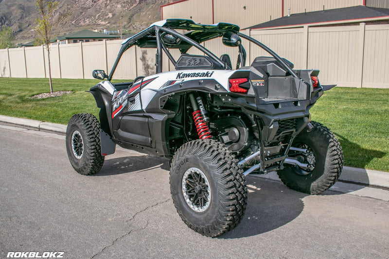 Load image into Gallery viewer, 2020+ Kawasaki KRX 1000 FT. Rokblokz UTV Fender Kit, and mud flaps driver rear 3/4 view
