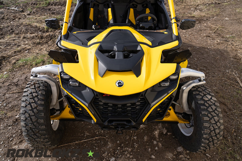 Load image into Gallery viewer, 2024 CanAm Maverick R Ft. Rokblokz Fender extension kit w/yellow accents - front from above

