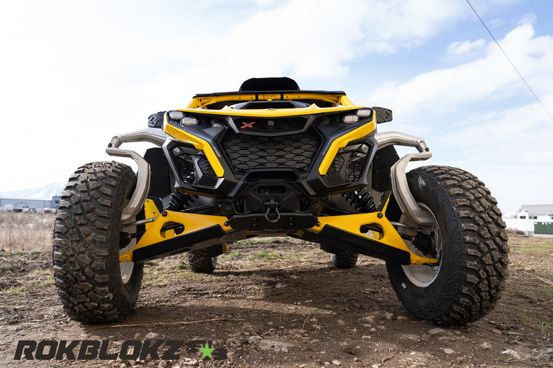 Load image into Gallery viewer, 2024 CanAm Maverick R Ft. Rokblokz Fender extension kit w/yellow accents - front low view
