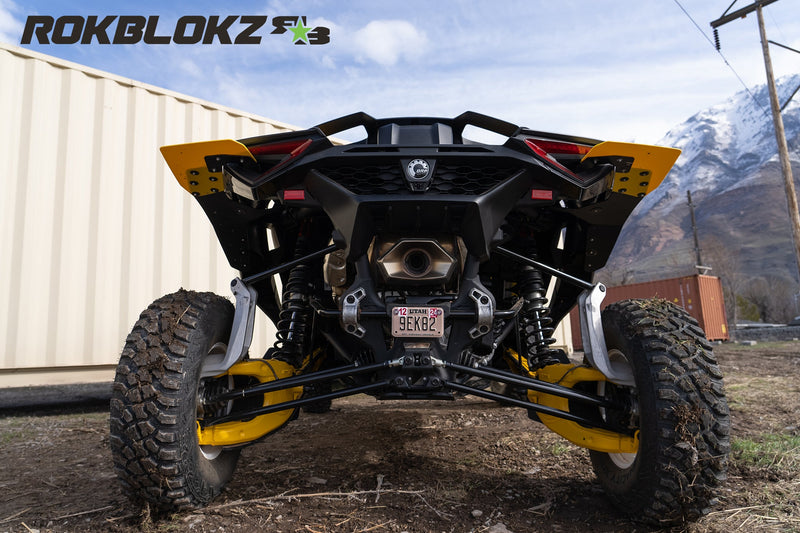 Load image into Gallery viewer, 2024 CanAm Maverick R Ft. Rokblokz Fender extension kit w/yellow accents - back view
