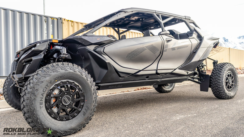 Load image into Gallery viewer, 2025 CanAm Maverick R Featuring Rokblokz Upgraded Trailing Arm Mud Flaps for OEM Bracket - full view
