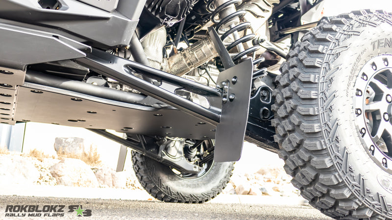Load image into Gallery viewer, 2025 CanAm Maverick R Featuring Rokblokz Upgraded Trailing Arm Mud Flaps for OEM Bracket - from below
