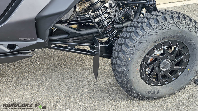 Load image into Gallery viewer, 2025 CanAm Maverick R Featuring Rokblokz Upgraded Trailing Arm Mud Flaps for OEM Bracket - side view

