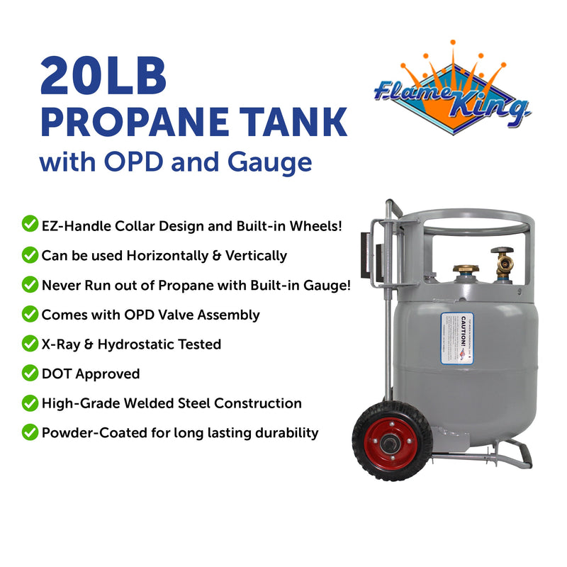 Load image into Gallery viewer, Flame King 20lb Horizontal &amp; Vertical Propane Cylinder Gauge OPD &amp; Wheels
