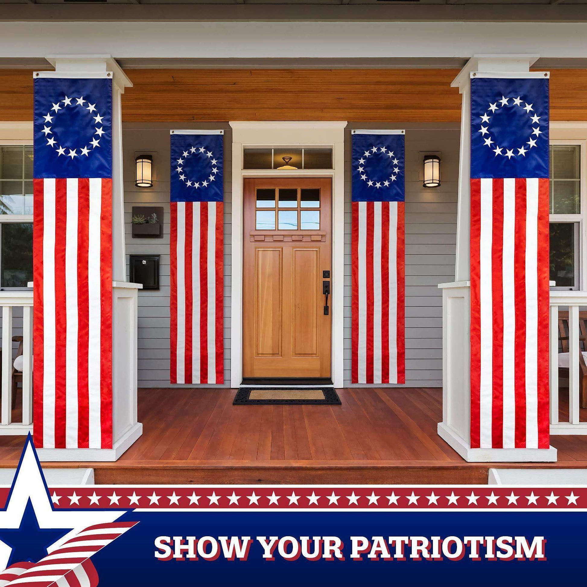 – 2 Pack: Betsy Ross American Patriotic Bunting & Flag Pulldown 13 Embroidered Stars in Circle Pattern with 5 Fully Sewn Stripes decorative bunting 20 x8' Red White Blue - Skoutley Outdoors LLC