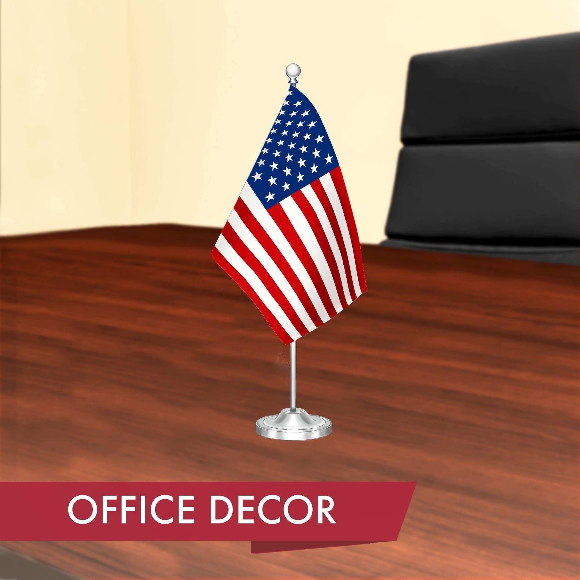 American USA Deluxe Desk Flag Set | 8.5x5.5 In | Printed 300D Polyester with Silver Dome and Base 15 Metal Pole Decorations For Office Home and Festival Events Celebration - Skoutley Outdoors LLC