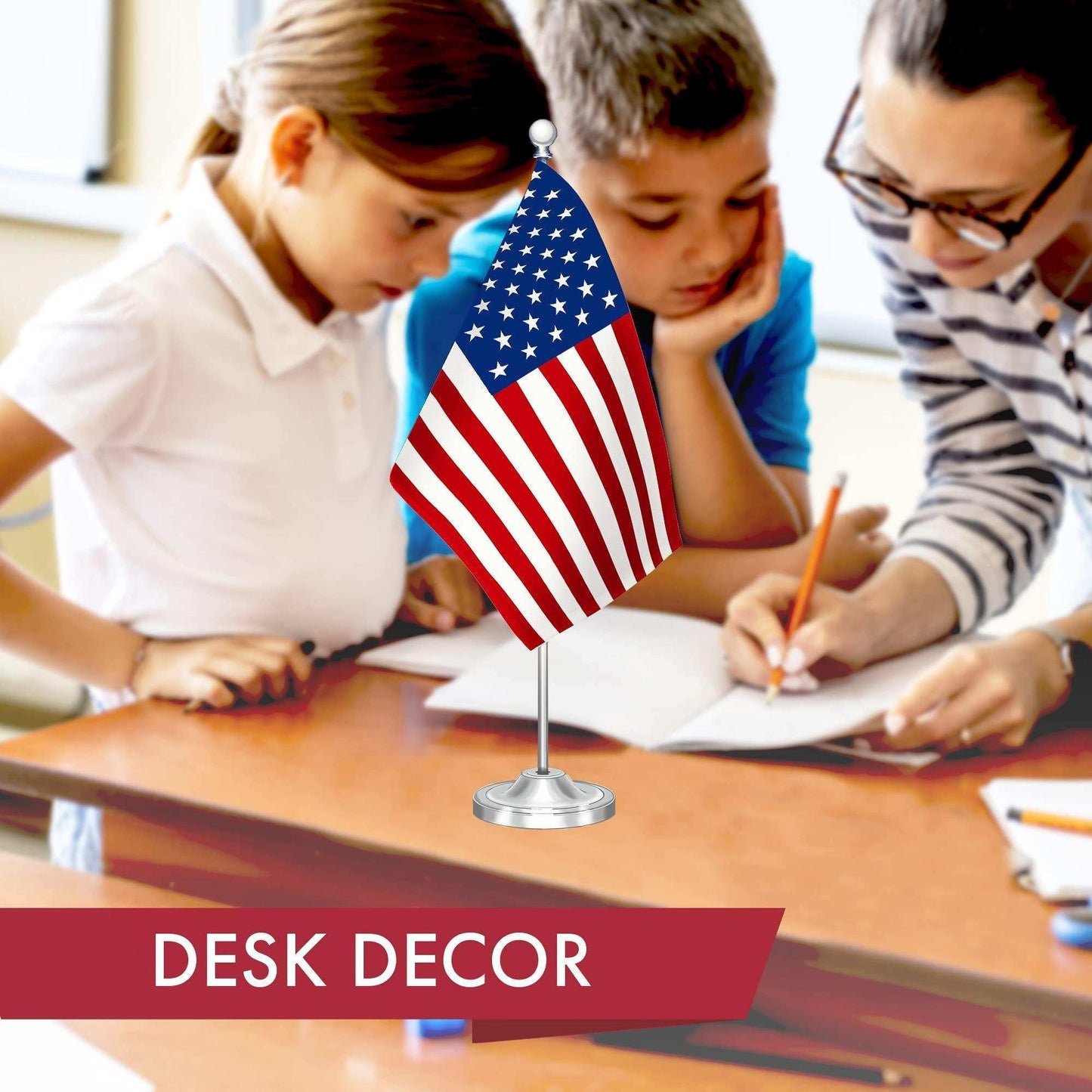 American USA Deluxe Desk Flag Set | 8.5x5.5 In | Printed 300D Polyester with Silver Dome and Base 15 Metal Pole Decorations For Office Home and Festival Events Celebration - Skoutley Outdoors LLC