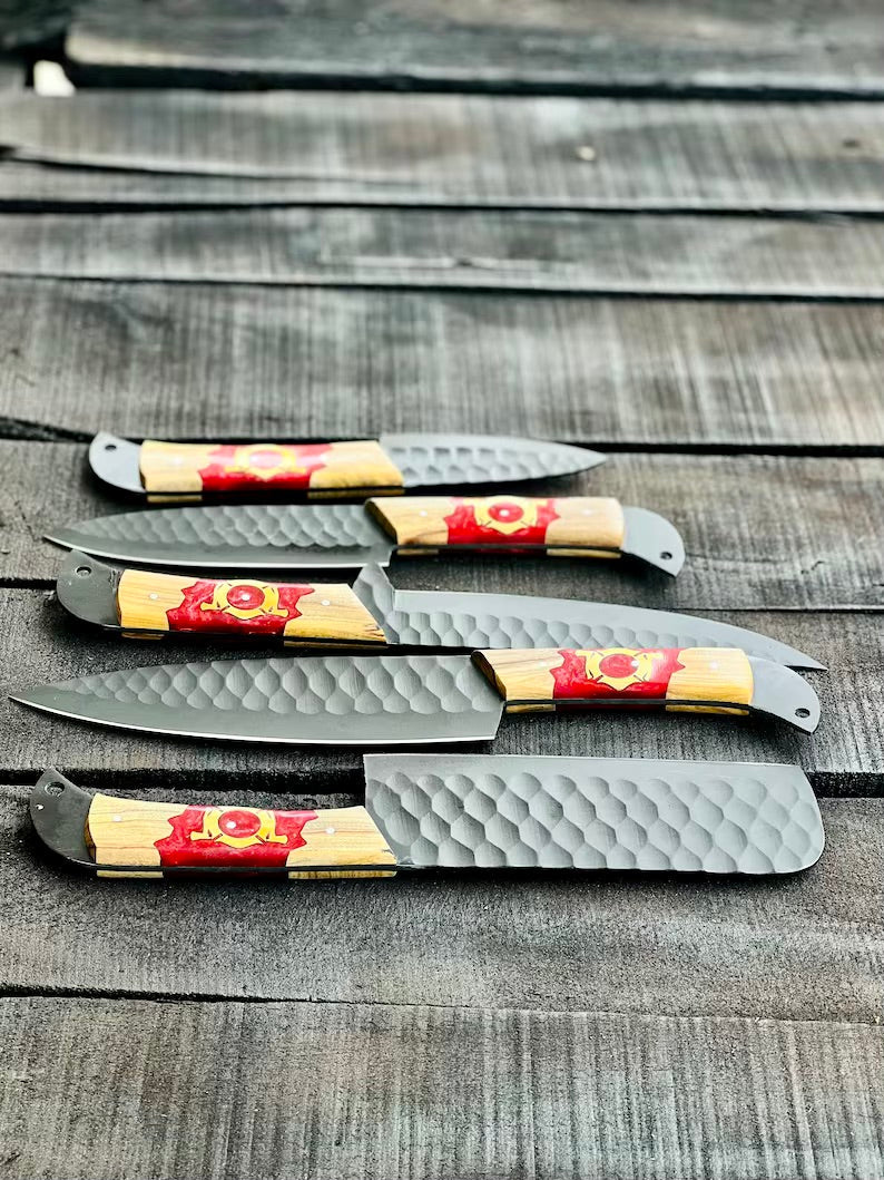 Load image into Gallery viewer, Stainless Steel Knife Set 13" – Forged Blades with Olivewood &amp; Epoxy Handles + Leather Sheath
