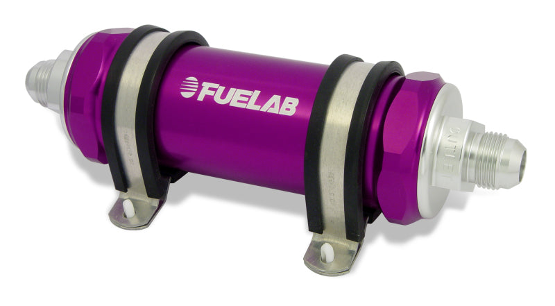 Load image into Gallery viewer, Fuelab 858 In-Line Fuel Filter Long -10AN In/Out 40 Micron Stainless w/Check Valve - Purple
