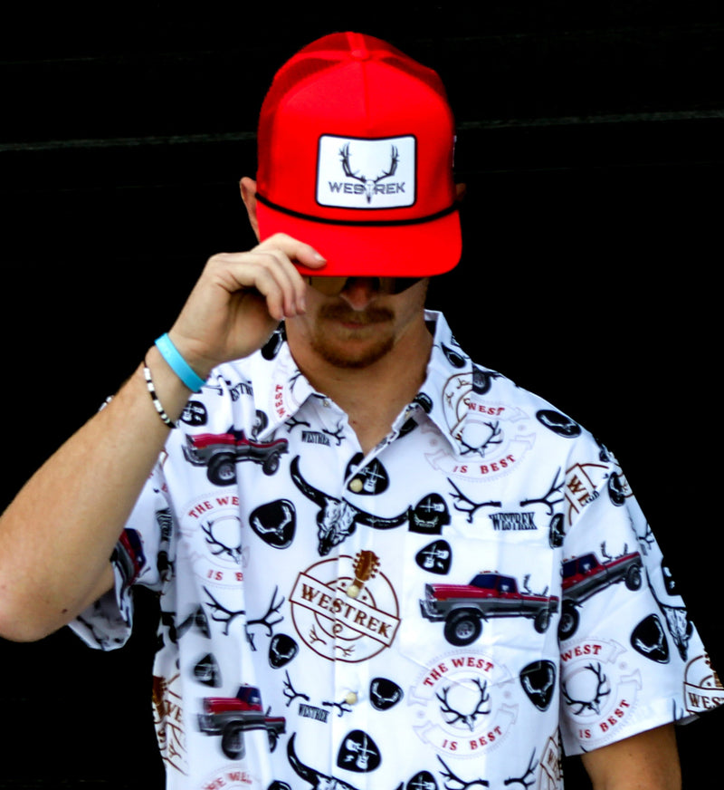Load image into Gallery viewer, “Red Lightning Wes” 5-Panel Trucker Hat – Retro Western Mesh Back | Original Westrek Logo Cap | Red &amp; White Snapback
