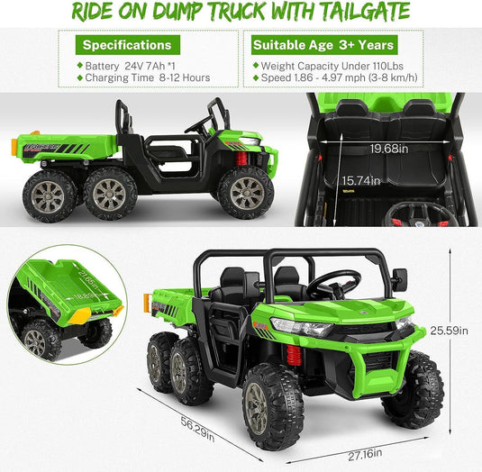 Hikole 24V 2-Seater Battery-Powered Kids Ride On Tractor with Dump Bed and RC Control