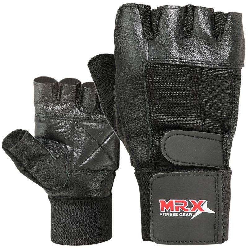 Load image into Gallery viewer, MRX Weight Lifting Gloves With Long Wrist Strap Genuine Leather Black All Sizes
