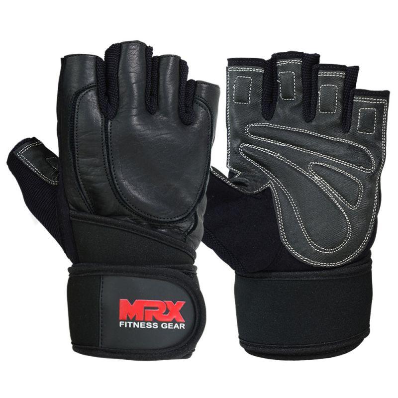 MRX Weight Lifting Gloves Long Wrist Straps Gym Training Leather Black All Sizes