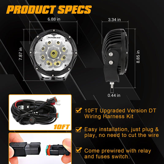 (2pcs/set) 7 Inch 90W Round Spot Beam Offroad LED Driving Lights w/ SAE Compliant+Amber/Black Covers(Optional)