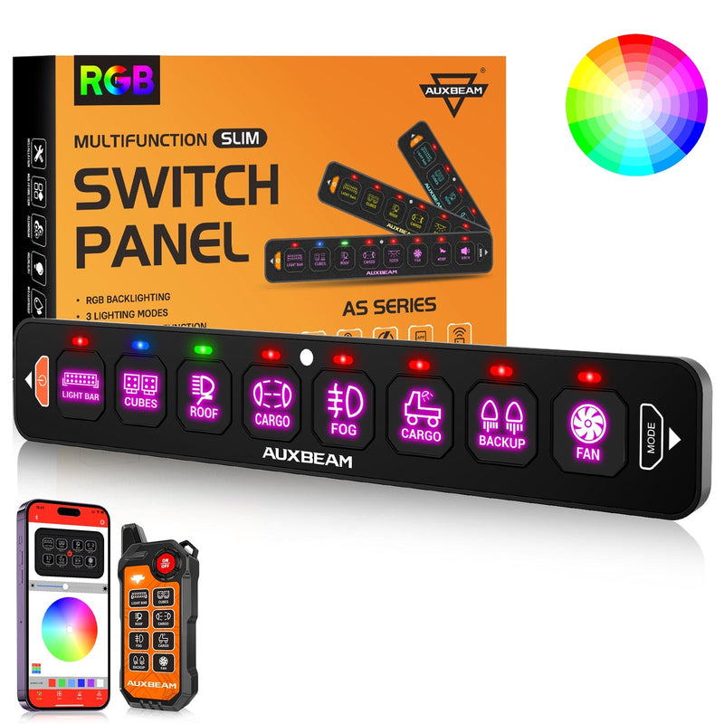 Load image into Gallery viewer, AS-800 RGB Slim Switch Panel with APP&amp;Remote Control, Toggle/ Momentary/ Pulsed Mode Supported(One-Sided Outlet)
