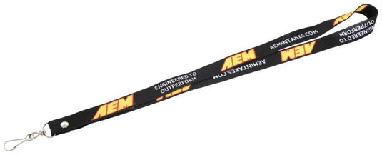 AEM Induction AEM Black Lanyard 3/4in x 36in w/ Swivel Clip - Red / Yellow AEM Logo 01-901