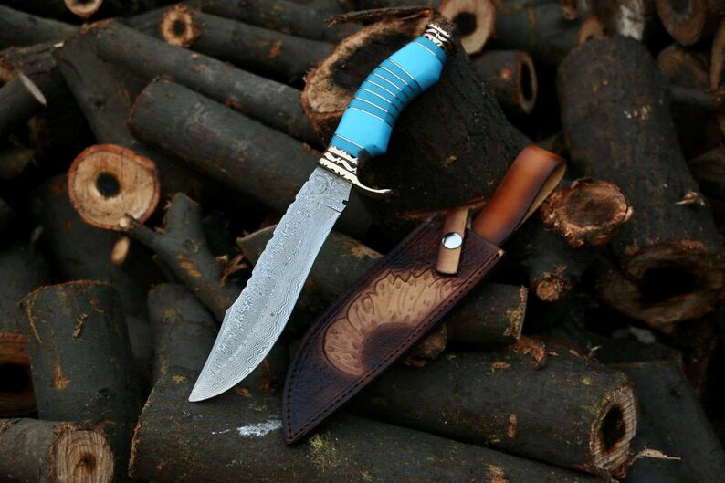 Load image into Gallery viewer, Hand Made Damascus Steel Beautiful Hunting nife,Camping Knife with Hand Made Original Leather Cover,Gift for Him,Christmas Gift
