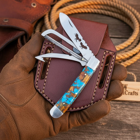 Turquoise Bronco Trapper Folder Knife 7" Handmade Slip Joint