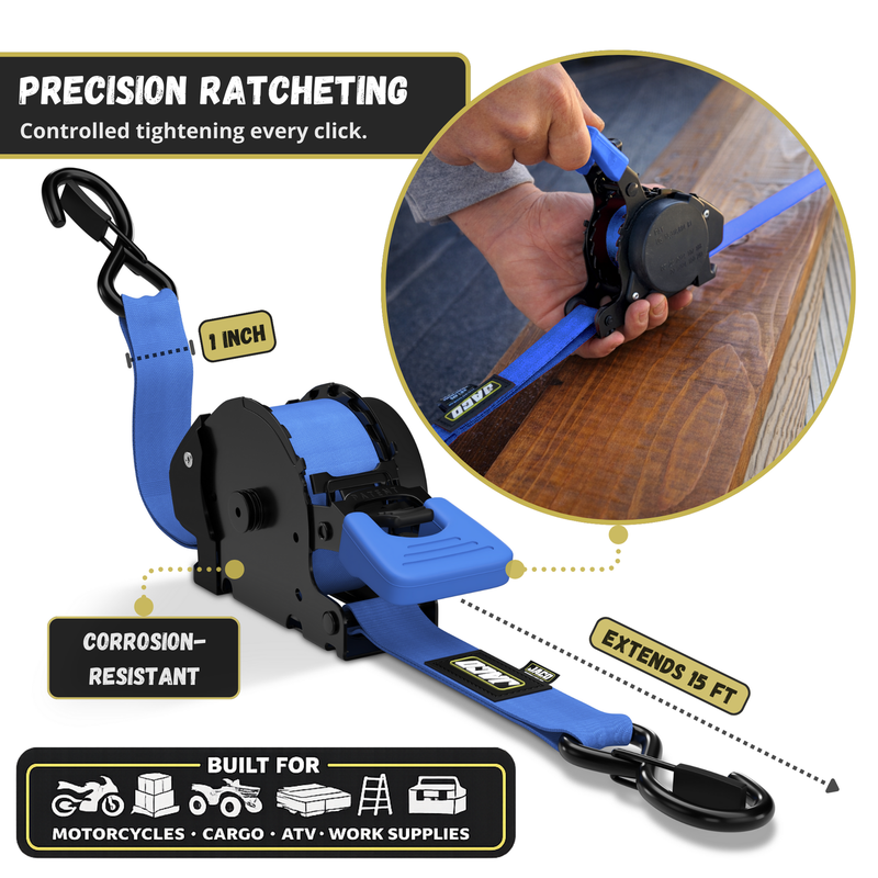 Load image into Gallery viewer, Retractable Ratchet Straps - 1" x 15 ft (1,760 lbs Break Strength) | Auto Self Retracting Cargo Tie Down Strap Set
