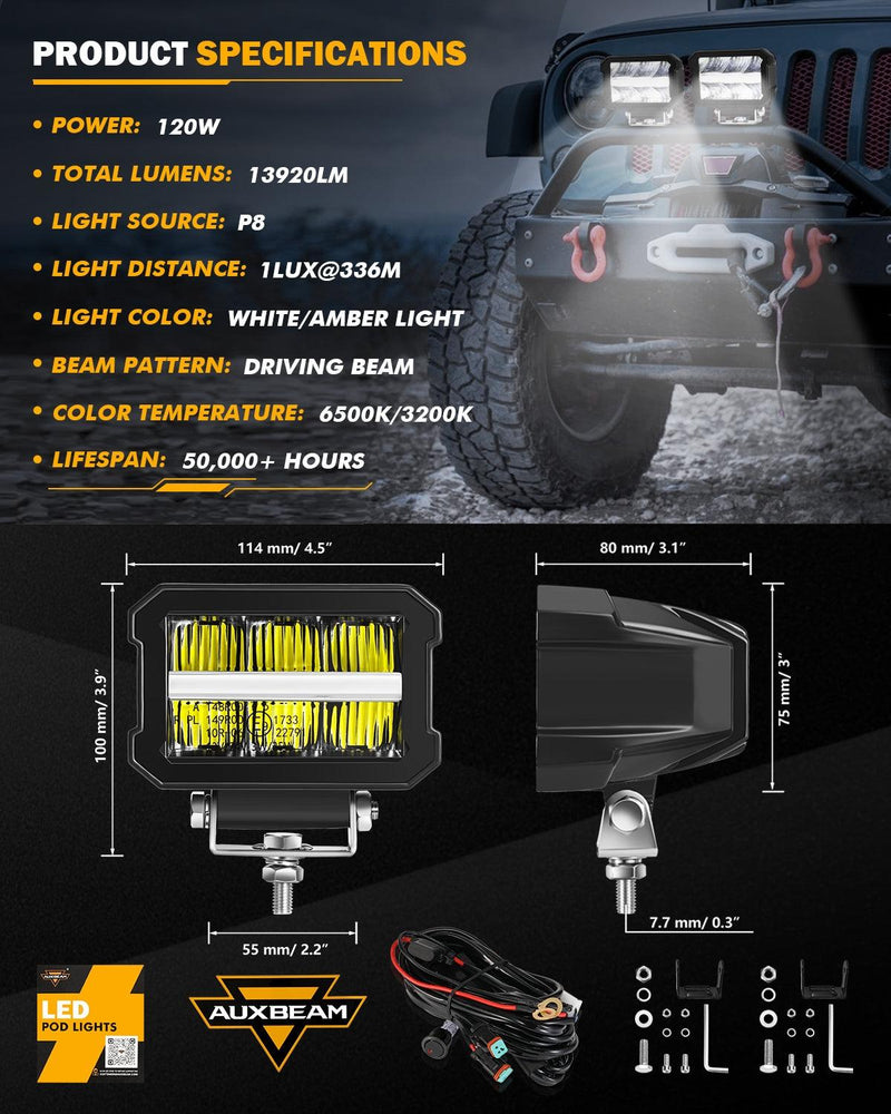 Load image into Gallery viewer, 4.5 INCH 120W 13920LM LED Pods With White DRL &amp; Amber Turn Signal Off Road Driving Light
