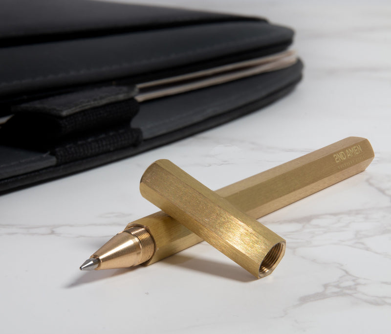 Load image into Gallery viewer, 2nd Amen EDC Pen Solid Brass Roller Ball Black Gel Ink Pen
