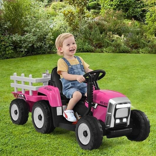 3-Gear-Shift Pink Ride-On Tractor for Kids 3+ Years Old with Ground Loader Attachment