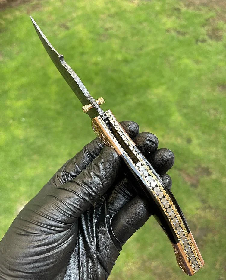 Load image into Gallery viewer, Custom Handmade Damascus Blade EDC Folding Pocket Knife with Color Bone Handle &amp; Brass Engraved Bolster - Includes Leather Sheath
