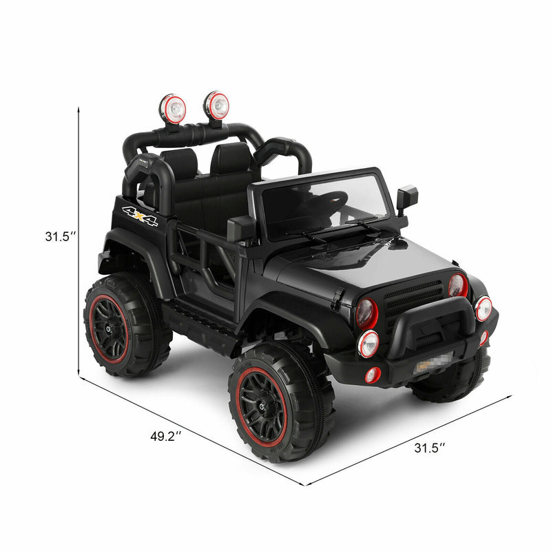 Load image into Gallery viewer, 3-Speed Black Ride-On Car for Kids with RC, MP3, LED Lights, USB, and Cover - 12V Battery Powered
